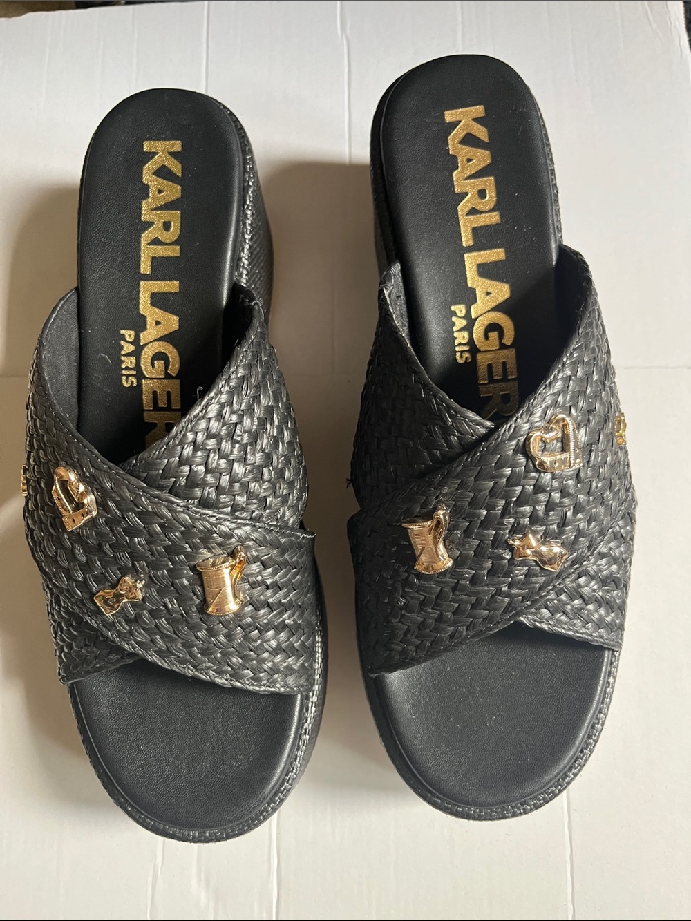 Karl Lagerfeld Black Woven Espadrille Mule sandal with Gold Accents